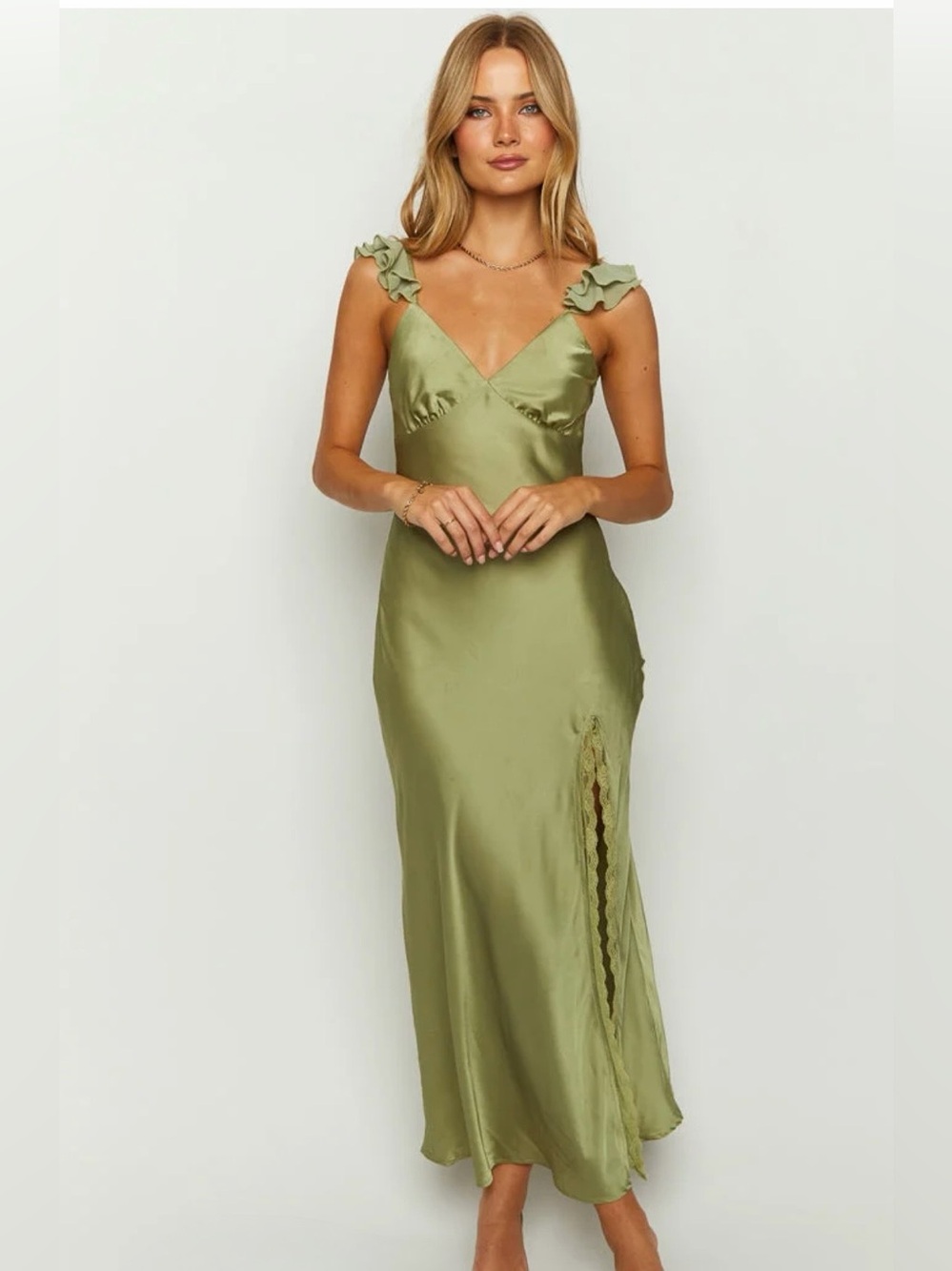 Beginning Boutique Wendy Sage Lace Ruffle Maxi Dress 10 -NWT